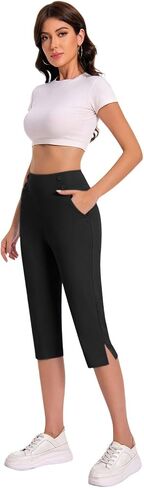 Capri Pants for Women High Waisted Tummy Control Straight Leg Yoga Capris with Pockets Workout Golf Work Dress Pant in Kuwait