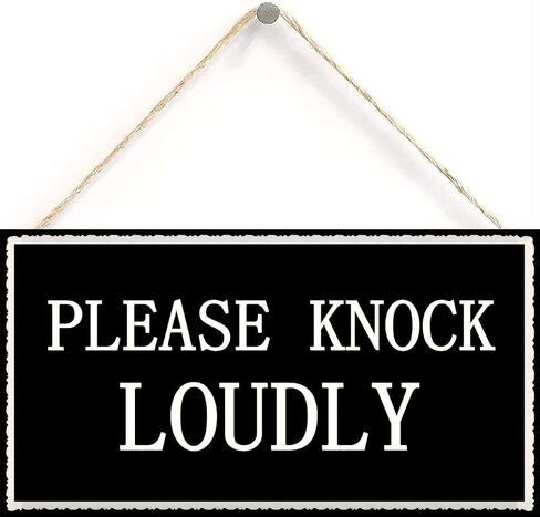 Please Knock Loudly Hanging Door Wood Sign Contempary Wall Decorative Plaque Home Decor 12 inch by 6 inch in Saudi Arabia