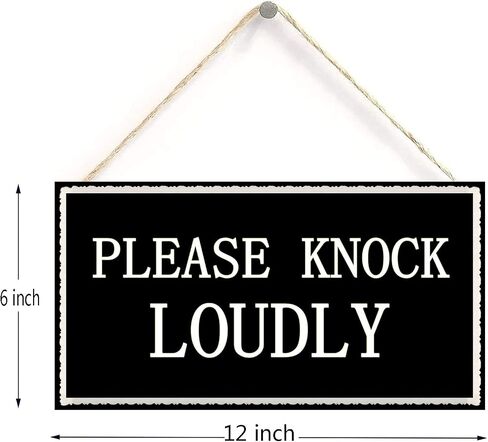 Please Knock Loudly Hanging Door Wood Sign Contempary Wall Decorative Plaque Home Decor 12 inch by 6 inch in Saudi Arabia