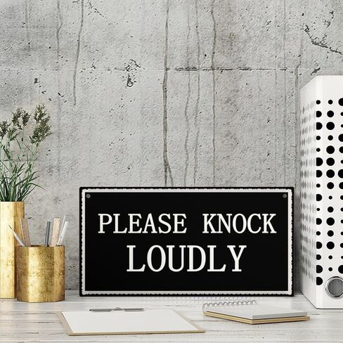 Please Knock Loudly Hanging Door Wood Sign Contempary Wall Decorative Plaque Home Decor 12 inch by 6 inch in Saudi Arabia