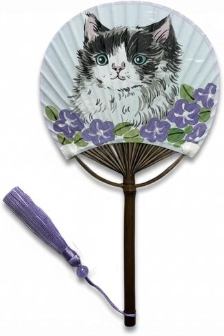TIME AND PLACE Hand-Painted Chinese Fan – Unique 12×21 cm Handmade Decorative Fan, Each One-of-a-Kind (Blue cat) in Kuwait