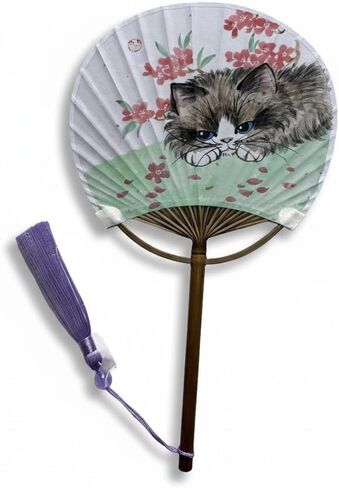 TIME AND PLACE Hand-Painted Chinese Fan – Unique 12×21 cm Handmade Decorative Fan, Each One-of-a-Kind (Blue cat) in Kuwait