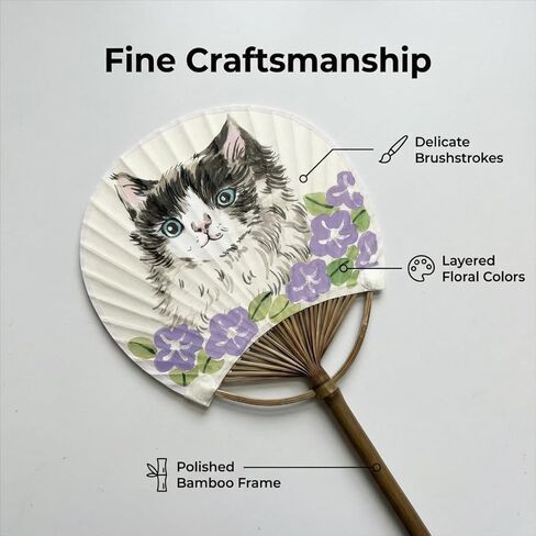 TIME AND PLACE Hand-Painted Chinese Fan – Unique 12×21 cm Handmade Decorative Fan, Each One-of-a-Kind (Blue cat) in Kuwait