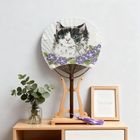 TIME AND PLACE Hand-Painted Chinese Fan – Unique 12×21 cm Handmade Decorative Fan, Each One-of-a-Kind (Blue cat) in Kuwait