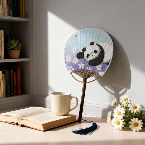TIME AND PLACE Hand-Painted Chinese Fan – Unique 12×21 cm Handmade Decorative Fan, Each One-of-a-Kind (Blue cat) in Kuwait