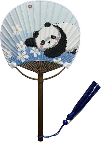 TIME AND PLACE Hand-Painted Chinese Fan – Unique 12×21 cm Handmade Decorative Fan, Each One-of-a-Kind (Blue cat) in Kuwait