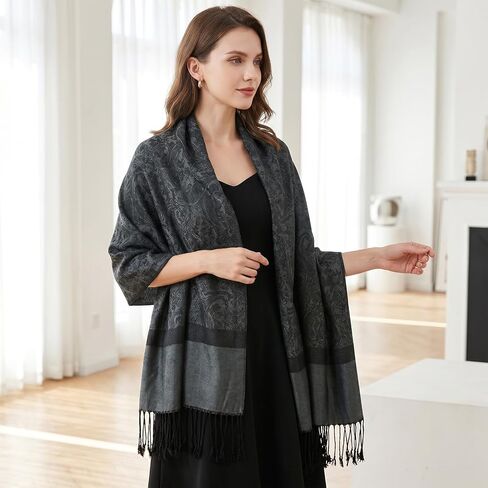 Reversible Paisley Pashmina Shawl Wrap Exotic Rave Pashmina Scarf for Women Wedding Party Travel Daily Wear Black in Saudi Arabia