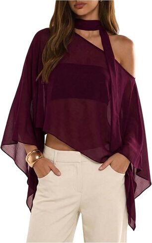 WDIRARA Women's Off the Shoulder Tops Y2k Asymmetrical Flowy Poncho Top with Scarf in Kuwait