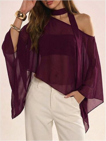 WDIRARA Women's Off the Shoulder Tops Y2k Asymmetrical Flowy Poncho Top with Scarf in Kuwait