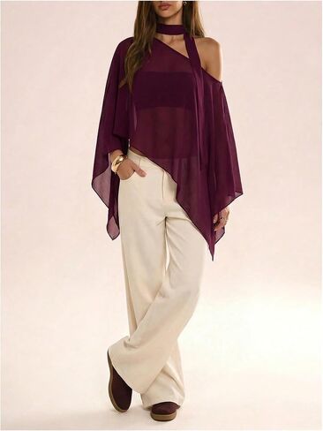 WDIRARA Women's Off the Shoulder Tops Y2k Asymmetrical Flowy Poncho Top with Scarf in Kuwait