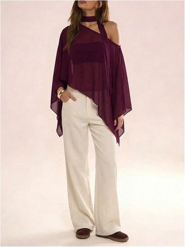 WDIRARA Women's Off the Shoulder Tops Y2k Asymmetrical Flowy Poncho Top with Scarf in Kuwait