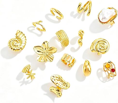 14 Pcs Gold Ring Set For Women, Open Stacking Rings, Non Tarnish Statement Flower Ring, Big Knuckle Trendy Ring Set Jewelry Gift in Kuwait