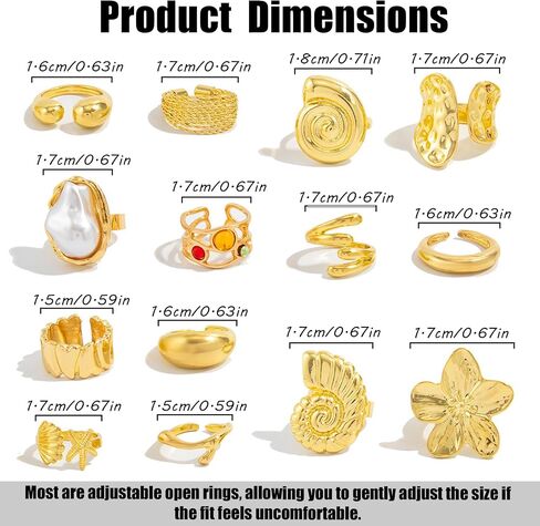 14 Pcs Gold Ring Set For Women, Open Stacking Rings, Non Tarnish Statement Flower Ring, Big Knuckle Trendy Ring Set Jewelry Gift in Kuwait