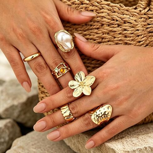 14 Pcs Gold Ring Set For Women, Open Stacking Rings, Non Tarnish Statement Flower Ring, Big Knuckle Trendy Ring Set Jewelry Gift in Kuwait
