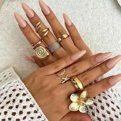 14 Pcs Gold Ring Set For Women, Open Stacking Rings, Non Tarnish Statement Flower Ring, Big Knuckle Trendy Ring Set Jewelry Gift in Kuwait