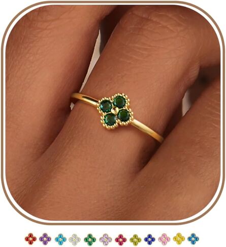 KAERUN Clover Birthstone Gold Rings for Women Non Tarnish 14K Gold Plated Stackable Thumb Ring Dainty Clover CZ Gemstone Emerald Engagement Rings Wedding Band Jewelry for Birthday Gifts Size 6-10 in Saudi Arabia