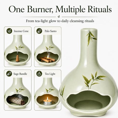 Handmade Ceramic Palo Santo Holder, Incense Burner with Chimney and Ash Catcher for Palo Santo Sticks, Sage & Incense Cones, Mini Fireplace Decor for Reading, Meditation, Yoga, Weekend in Saudi Arabia