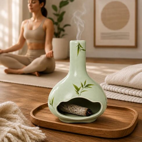 Handmade Ceramic Palo Santo Holder, Incense Burner with Chimney and Ash Catcher for Palo Santo Sticks, Sage & Incense Cones, Mini Fireplace Decor for Reading, Meditation, Yoga, Weekend in Saudi Arabia