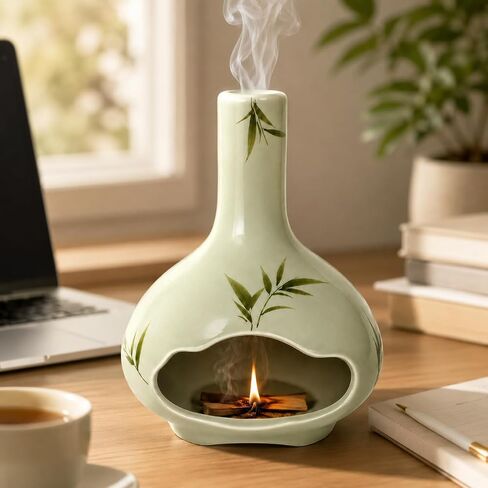 Handmade Ceramic Palo Santo Holder, Incense Burner with Chimney and Ash Catcher for Palo Santo Sticks, Sage & Incense Cones, Mini Fireplace Decor for Reading, Meditation, Yoga, Weekend in Saudi Arabia