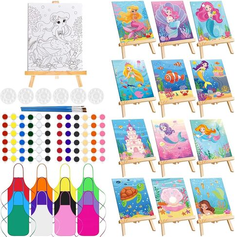 12 Sets Pre Draw Canvas to Paint Party Kits Include 12 Mermaid Pre Drawn Canvas 12 Palettes 12 Apron 12 Easels 12 Set Brushes 24 Pcs Acrylic Paints Sip and Painting Kit for Art Birthday Party Gift in Kuwait