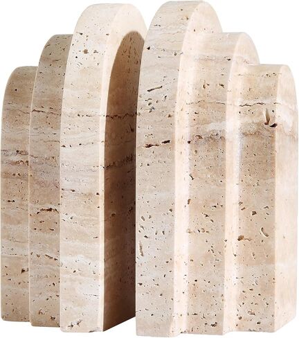 Natural Travertine Book Ends for Shelves Heavy 7.4 Lbs Non Slip Base | Genuine natural travertine stone with unique irregular holes. Layered arch design for elegant desk or bookshelf decor. in Saudi Arabia