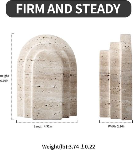 Natural Travertine Book Ends for Shelves Heavy 7.4 Lbs Non Slip Base | Genuine natural travertine stone with unique irregular holes. Layered arch design for elegant desk or bookshelf decor. in Saudi Arabia