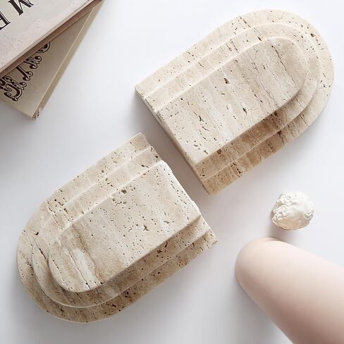 Natural Travertine Book Ends for Shelves Heavy 7.4 Lbs Non Slip Base | Genuine natural travertine stone with unique irregular holes. Layered arch design for elegant desk or bookshelf decor. in Saudi Arabia