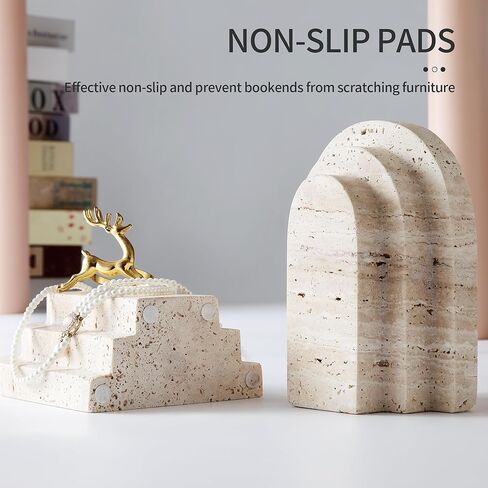 Natural Travertine Book Ends for Shelves Heavy 7.4 Lbs Non Slip Base | Genuine natural travertine stone with unique irregular holes. Layered arch design for elegant desk or bookshelf decor. in Saudi Arabia