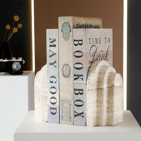 Natural Travertine Book Ends for Shelves Heavy 7.4 Lbs Non Slip Base | Genuine natural travertine stone with unique irregular holes. Layered arch design for elegant desk or bookshelf decor. in Saudi Arabia