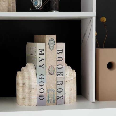 Natural Travertine Book Ends for Shelves Heavy 7.4 Lbs Non Slip Base | Genuine natural travertine stone with unique irregular holes. Layered arch design for elegant desk or bookshelf decor. in Saudi Arabia