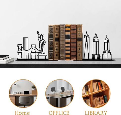 Metal City Skyline Modern Bookends, New York Themed Decorations, NYC Skyline Souvenirs in Saudi Arabia