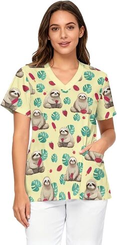 Scrub Tops Women Short Sleeve V-Neck Holiday Printed Medical Nurse Uniforms Scrub Tops Shirt with Pockets in Saudi Arabia