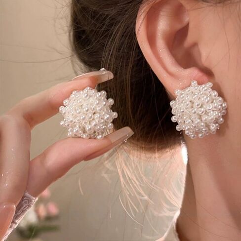 Pearl Statement Cilp On Earrings for Women Big Faux White Pearl Cluster Cilp In Earring Unique Large Beaded Non Pierced Earings Trendy Wedding Jewelry in Saudi Arabia