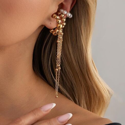 Y2k Tassel Clip On Earrings for Women Dainty Long Pearl Dangling Chain Earrings Punk Jewelry in Saudi Arabia