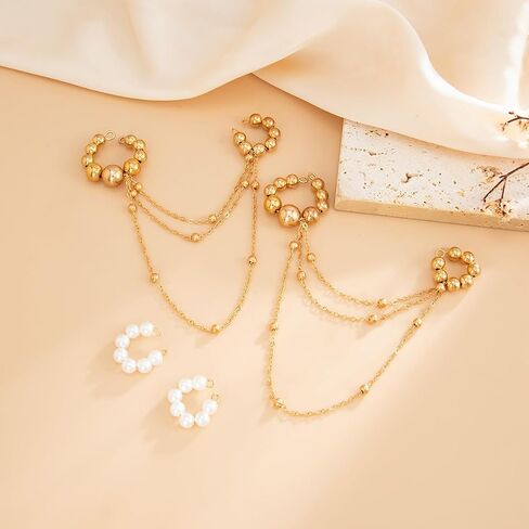 Y2k Tassel Clip On Earrings for Women Dainty Long Pearl Dangling Chain Earrings Punk Jewelry in Saudi Arabia