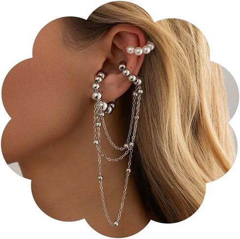 Y2k Tassel Clip On Earrings for Women Dainty Long Pearl Dangling Chain Earrings Punk Jewelry in Saudi Arabia