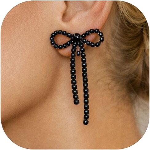 Symvikio القوس كليب على الأقراط للنساء، سباركلي طويل حجر الراين القوس قطرة تتدلى الأقراط، خفيفة الوزن تشيكوسلوفاكيا بيان القرط كليب للآذان غير مثقوبة، مجوهرات الزفاف الزفاف in Kuwait