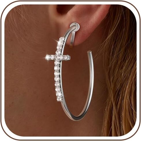 Awinesn Cross Hoop Clip on Earrings for Women 14K Gold/Silver Plated Cubic Zirconia Hoop Clip Earrings for Women Earrings Hypoallergenic Trendy Silver Non Pierced Earring Jewelry Gifts 15/30/40/50MM in Saudi Arabia