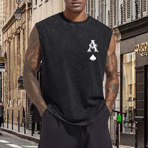 Mens Graphic Tank Tops Vintage Washed Sleeveless Tee Poker Ace of Spades Print Shirt Streetwear Vest Top in Kuwait