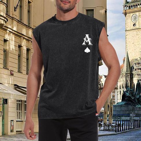 Mens Graphic Tank Tops Vintage Washed Sleeveless Tee Poker Ace of Spades Print Shirt Streetwear Vest Top in Kuwait