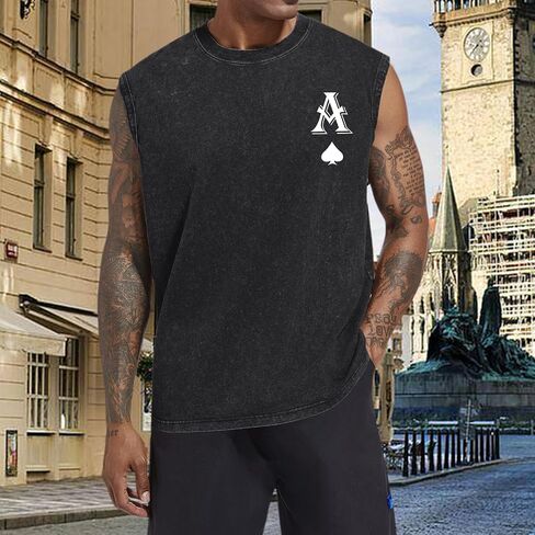 Mens Graphic Tank Tops Vintage Washed Sleeveless Tee Poker Ace of Spades Print Shirt Streetwear Vest Top in Kuwait