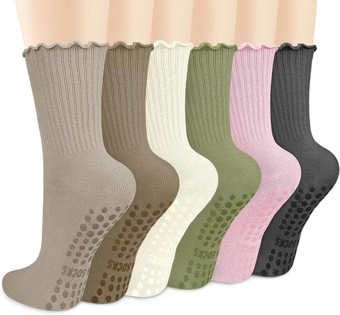 Justay 6 Pairs Womens Pilates Socks with Grips Crew Non Slip Ruffle Cotton for Athletic Workout Barre Hospital Yoga Socks in Kuwait