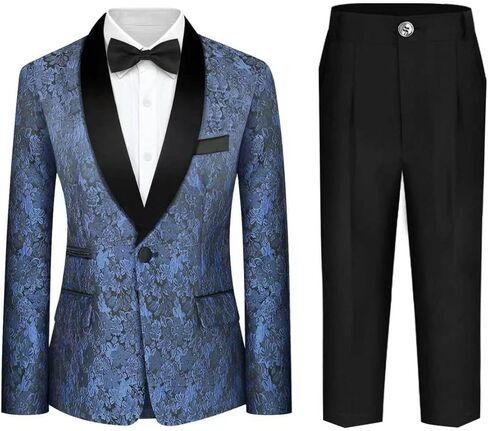 Boys Jacquard Suit 4 Pieces Slim Fit Tuxedo Fancy Suits for Boy with Floral Jacket Pant Tie Bow Tie for Wedding Prom Party in Saudi Arabia