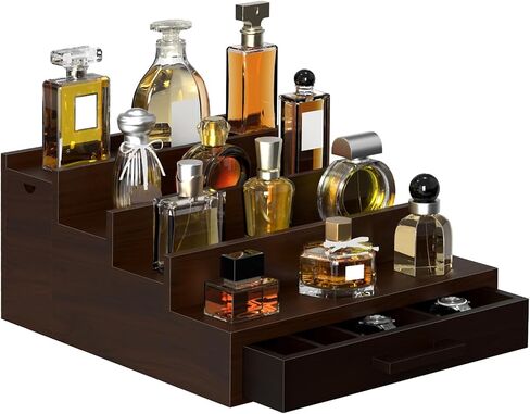 Sunexinlo Cologne Organizer for Men, 4 Tier Black Walnut Perfume Display Stand with Dual Hidden Storage Drawer, Men's Shelf for Cologne, Watches, Jewelry, Skincare, Ideal Gift for Men and Fathers in Saudi Arabia