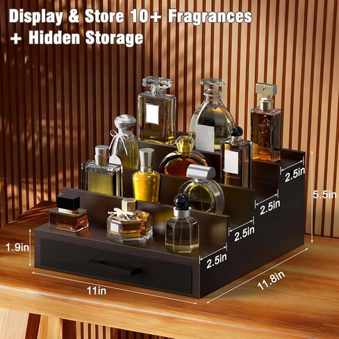 Sunexinlo Cologne Organizer for Men, 4 Tier Black Walnut Perfume Display Stand with Dual Hidden Storage Drawer, Men's Shelf for Cologne, Watches, Jewelry, Skincare, Ideal Gift for Men and Fathers in Saudi Arabia
