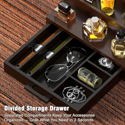 Sunexinlo Cologne Organizer for Men, 4 Tier Black Walnut Perfume Display Stand with Dual Hidden Storage Drawer, Men's Shelf for Cologne, Watches, Jewelry, Skincare, Ideal Gift for Men and Fathers in Saudi Arabia
