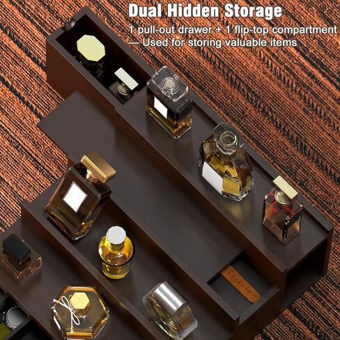 Sunexinlo Cologne Organizer for Men, 4 Tier Black Walnut Perfume Display Stand with Dual Hidden Storage Drawer, Men's Shelf for Cologne, Watches, Jewelry, Skincare, Ideal Gift for Men and Fathers in Saudi Arabia