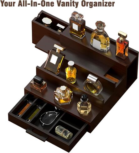 Sunexinlo Cologne Organizer for Men, 4 Tier Black Walnut Perfume Display Stand with Dual Hidden Storage Drawer, Men's Shelf for Cologne, Watches, Jewelry, Skincare, Ideal Gift for Men and Fathers in Saudi Arabia