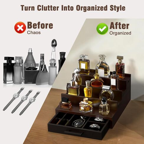 Sunexinlo Cologne Organizer for Men, 4 Tier Black Walnut Perfume Display Stand with Dual Hidden Storage Drawer, Men's Shelf for Cologne, Watches, Jewelry, Skincare, Ideal Gift for Men and Fathers in Saudi Arabia