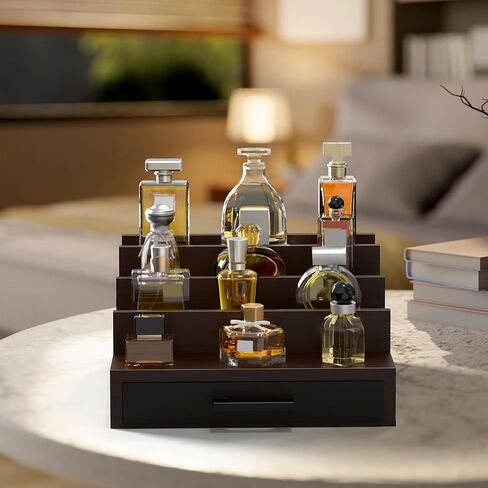 Sunexinlo Cologne Organizer for Men, 4 Tier Black Walnut Perfume Display Stand with Dual Hidden Storage Drawer, Men's Shelf for Cologne, Watches, Jewelry, Skincare, Ideal Gift for Men and Fathers in Saudi Arabia